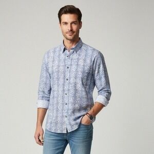 Signum Berlin 1926 Modern Fit Button Down Shirt Blue Geometric Print Men's Large